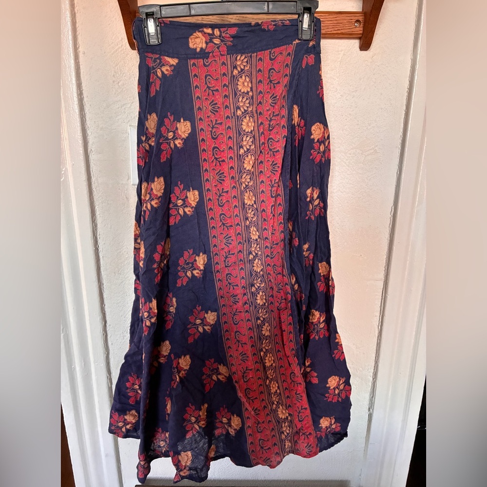 Free People Boho Floral Linen Maxi Skirt Tie Waist Early 2000s